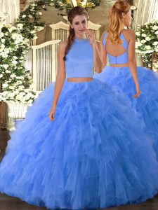 High Quality Baby Blue Two Pieces Halter Top Sleeveless Tulle Floor Length Backless Beading and Ruffles Party Dresses