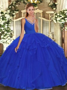 Custom Fit Blue Tulle Backless 15 Quinceanera Dress Sleeveless Floor Length Beading and Ruffles