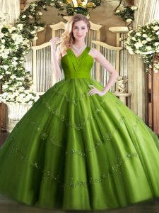 Romantic Olive Green Tulle Zipper Sweet 16 Quinceanera Dress Sleeveless Floor Length Beading