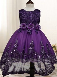 Superior Scoop Sleeveless Kids Formal Wear High Low Lace and Appliques and Bowknot and Hand Made Flower Dark Purple Tulle