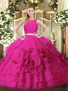 Cute Ruffles Quinceanera Gowns Hot Pink Zipper Sleeveless Floor Length
