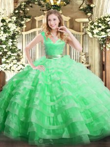 Romantic Organza V-neck Sleeveless Zipper Ruffled Layers Quinceanera Gown in Apple Green