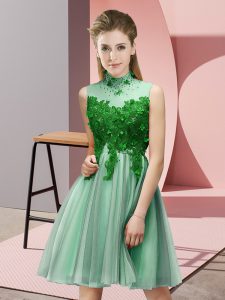 Great Apple Green Tulle Lace Up High-neck Sleeveless Knee Length Dama Dress for Quinceanera Appliques