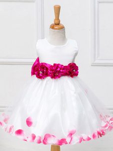 Simple White Ball Gowns Appliques and Hand Made Flower Kids Formal Wear Zipper Tulle Sleeveless Knee Length