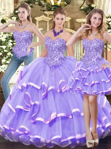 Beautiful Lavender Sleeveless Floor Length Appliques and Ruffled Layers Zipper Quinceanera Dresses