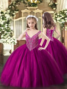 Floor Length Fuchsia Pageant Dress for Teens V-neck Sleeveless Lace Up