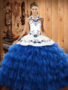 Comfortable Blue Sleeveless Embroidery and Ruffled Layers Floor Length Quinceanera Gown