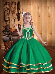 Fashionable Green Straps Lace Up Embroidery and Ruffled Layers Little Girls Pageant Gowns Sleeveless