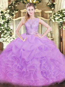 Lilac Ball Gowns Scoop Sleeveless Organza Floor Length Backless Lace and Ruffles Sweet 16 Dresses