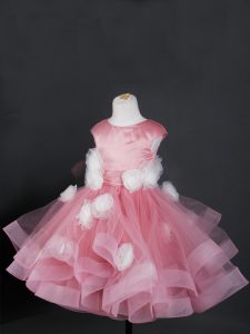 Simple Knee Length Zipper Custom Made Pageant Dress Pink for Wedding Party with Ruffles and Hand Made Flower
