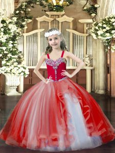 Floor Length Lace Up Pageant Dress for Teens Red for Party and Quinceanera with Beading