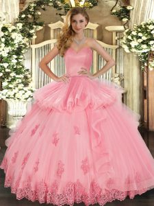 Sweetheart Sleeveless 15th Birthday Dress Floor Length Beading and Appliques and Ruffles Watermelon Red Tulle
