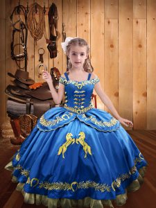 Blue Straps Neckline Beading and Embroidery High School Pageant Dress Sleeveless Lace Up