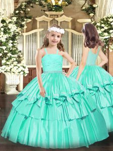 Charming Floor Length Zipper Pageant Dress for Teens Turquoise for Party and Quinceanera with Beading and Lace