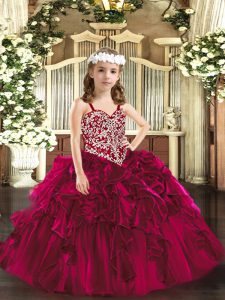 Classical Straps Sleeveless Lace Up Little Girls Pageant Gowns Fuchsia Organza
