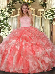 Classical Floor Length Coral Red Quinceanera Dress Scoop Sleeveless Clasp Handle