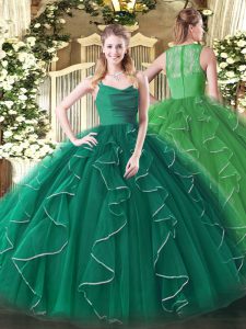 Ideal Sleeveless Organza Floor Length Zipper Quince Ball Gowns in Dark Green with Ruffles
