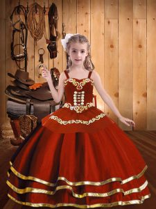 Rust Red Ball Gowns Straps Sleeveless Organza Floor Length Lace Up Embroidery and Ruffles Little Girl Pageant Gowns