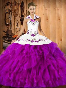 Sleeveless Floor Length Embroidery and Ruffles Lace Up Quinceanera Dresses with Fuchsia