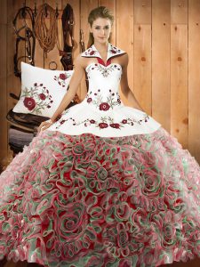 Fabric With Rolling Flowers Halter Top Sleeveless Sweep Train Lace Up Embroidery Ball Gown Prom Dress in Multi-color