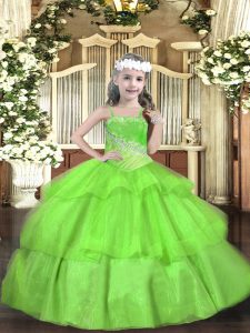 Inexpensive Lace Up Straps Beading and Ruffled Layers Custom Made Pageant Dress Organza Sleeveless