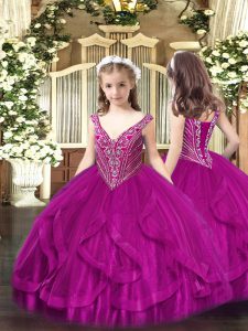 Tulle V-neck Sleeveless Lace Up Beading and Ruffles Pageant Dress for Girls in Fuchsia