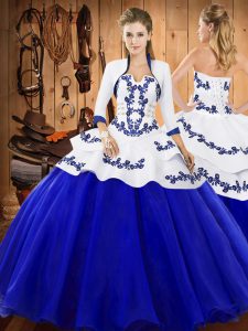 Popular Royal Blue Tulle Lace Up Quinceanera Gowns Sleeveless Floor Length Embroidery