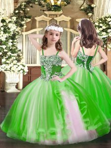 Eye-catching Green Ball Gowns Straps Sleeveless Tulle Floor Length Lace Up Appliques Little Girls Pageant Dress