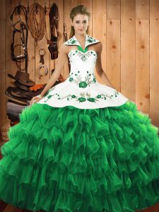 Green Ball Gowns Halter Top Long Sleeves Satin and Organza Floor Length Lace Up Embroidery and Ruffled Layers Quince Ball Gowns