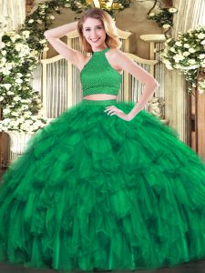 Decent Green Ball Gowns Organza Halter Top Sleeveless Beading and Ruffles Floor Length Backless Sweet 16 Quinceanera Dress