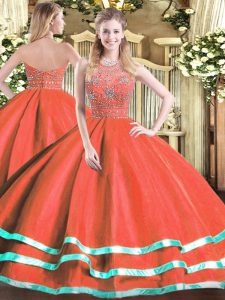 Red Quinceanera Dress Military Ball and Sweet 16 and Quinceanera with Beading Halter Top Sleeveless Zipper