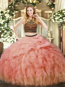 Baby Pink Sleeveless Beading and Ruffles Floor Length 15th Birthday Dress
