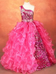Hot Pink Ball Gowns One Shoulder Sleeveless Organza Floor Length Lace Up Beading and Ruffles and Sequins Little Girls Pageant Dress Wholesale