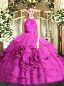 Charming Fuchsia Ball Gowns Scoop Sleeveless Fabric With Rolling Flowers Floor Length Zipper Lace Sweet 16 Dress