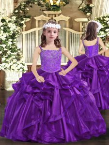 Floor Length Eggplant Purple and Purple Pageant Dress for Girls Straps Sleeveless Lace Up