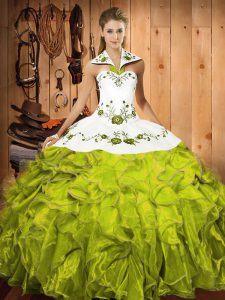Stylish Olive Green Halter Top Lace Up Embroidery and Ruffles Quinceanera Dress Sleeveless