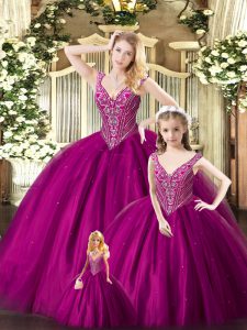 Fashion Ball Gowns Quinceanera Dresses Fuchsia Straps Organza Sleeveless Floor Length Lace Up
