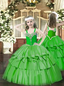 Green Organza Lace Up Straps Sleeveless Floor Length Pageant Dress Toddler Beading and Ruffled Layers
