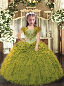 Trendy Olive Green Sleeveless Beading and Ruffles Floor Length Little Girl Pageant Dress