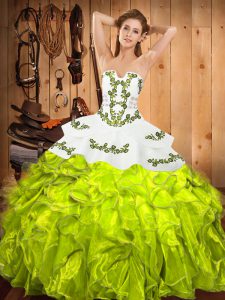 Sleeveless Satin and Organza Floor Length Lace Up Ball Gown Prom Dress in Yellow Green with Embroidery and Ruffles