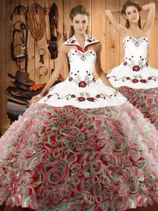 Multi-color Halter Top Neckline Embroidery Quinceanera Gowns Sleeveless Lace Up
