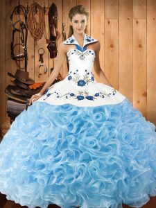New Style Sleeveless Floor Length Embroidery Lace Up Quinceanera Dresses with Baby Blue