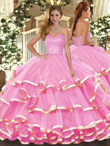 Glamorous Sleeveless Floor Length Ruffled Layers Lace Up Quinceanera Gowns with Rose Pink