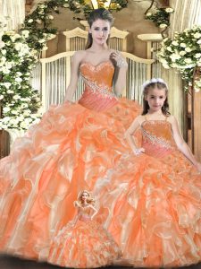 Designer Sweetheart Sleeveless Lace Up Quince Ball Gowns Orange Red Tulle