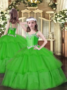 Green Organza Lace Up Straps Sleeveless Floor Length Pageant Dress for Girls Beading and Ruffled Layers
