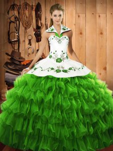 Cheap Sleeveless Floor Length Embroidery and Ruffled Layers Lace Up Quinceanera Dress with