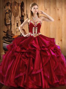 Wine Red Organza Lace Up Sweet 16 Dresses Sleeveless Floor Length Embroidery and Ruffles