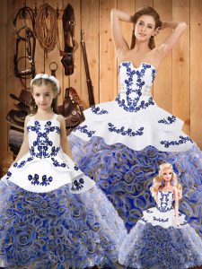 Fabric With Rolling Flowers Strapless Sleeveless Sweep Train Lace Up Embroidery Quinceanera Gowns in Multi-color