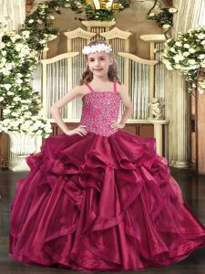 Fuchsia Winning Pageant Gowns Sweet 16 and Quinceanera with Beading and Ruffles Straps Sleeveless Lace Up