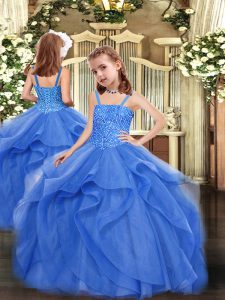 Blue Straps Lace Up Beading and Ruffles Pageant Dress for Girls Sleeveless